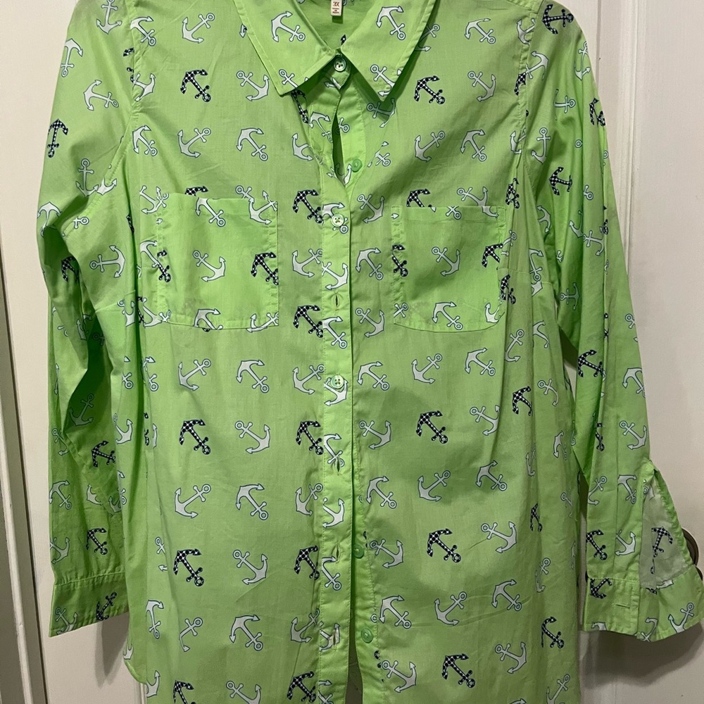 Red Camel Light Green Anchor-Print Button-Down Shirt